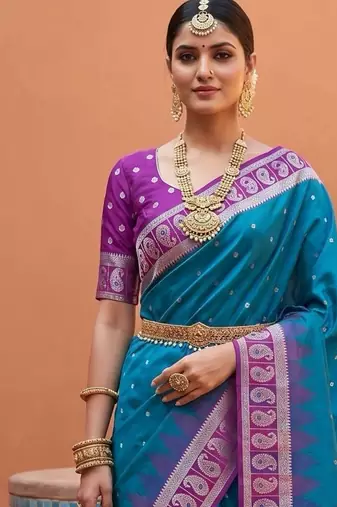 sky blue art silk woven saree with blouse