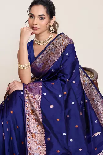 navy blue art silk woven saree with blouse