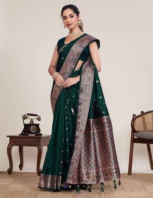 dark green art silk woven saree with blouse 4