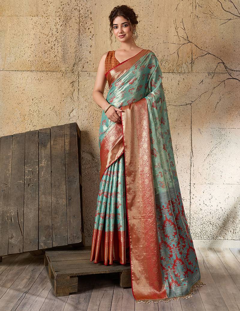 turquoise art silk woven saree with blouse
