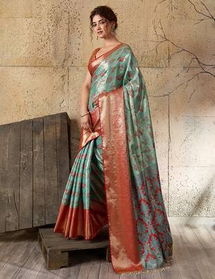 turquoise art silk woven saree with blouse 2
