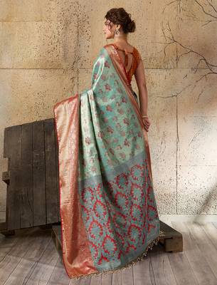 turquoise art silk woven saree with blouse 3