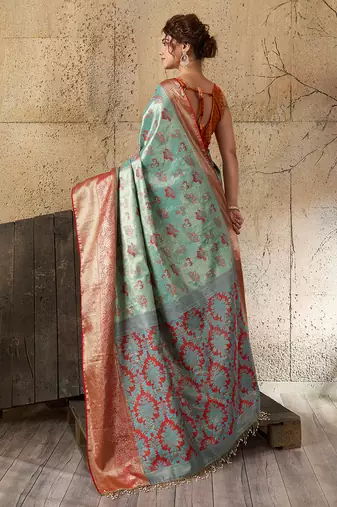 turquoise art silk woven saree with blouse