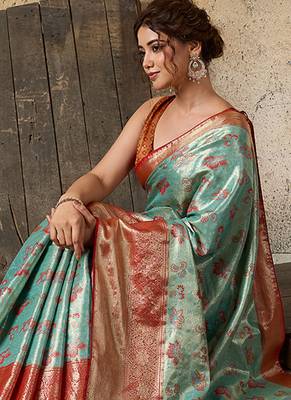 turquoise art silk woven saree with blouse 4