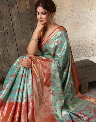 turquoise art silk woven saree with blouse 5