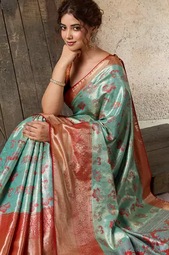 turquoise art silk woven saree with blouse