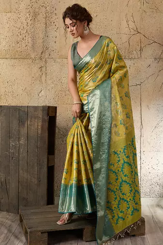 mustard art silk woven saree with blouse