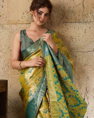 mustard art silk woven saree with blouse 5