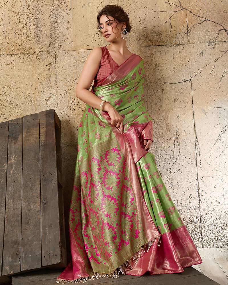 green art silk woven saree with blouse