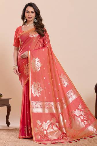 orange art silk woven saree with blouse