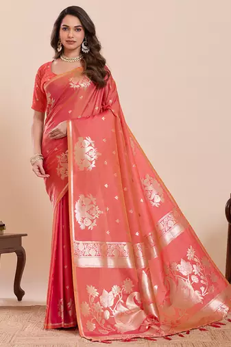 orange art silk woven saree with blouse