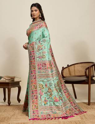 parrot green art silk woven saree with blouse 2