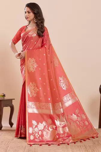 orange art silk woven saree with blouse