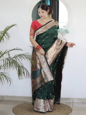 dark green art silk woven saree with blouse 1
