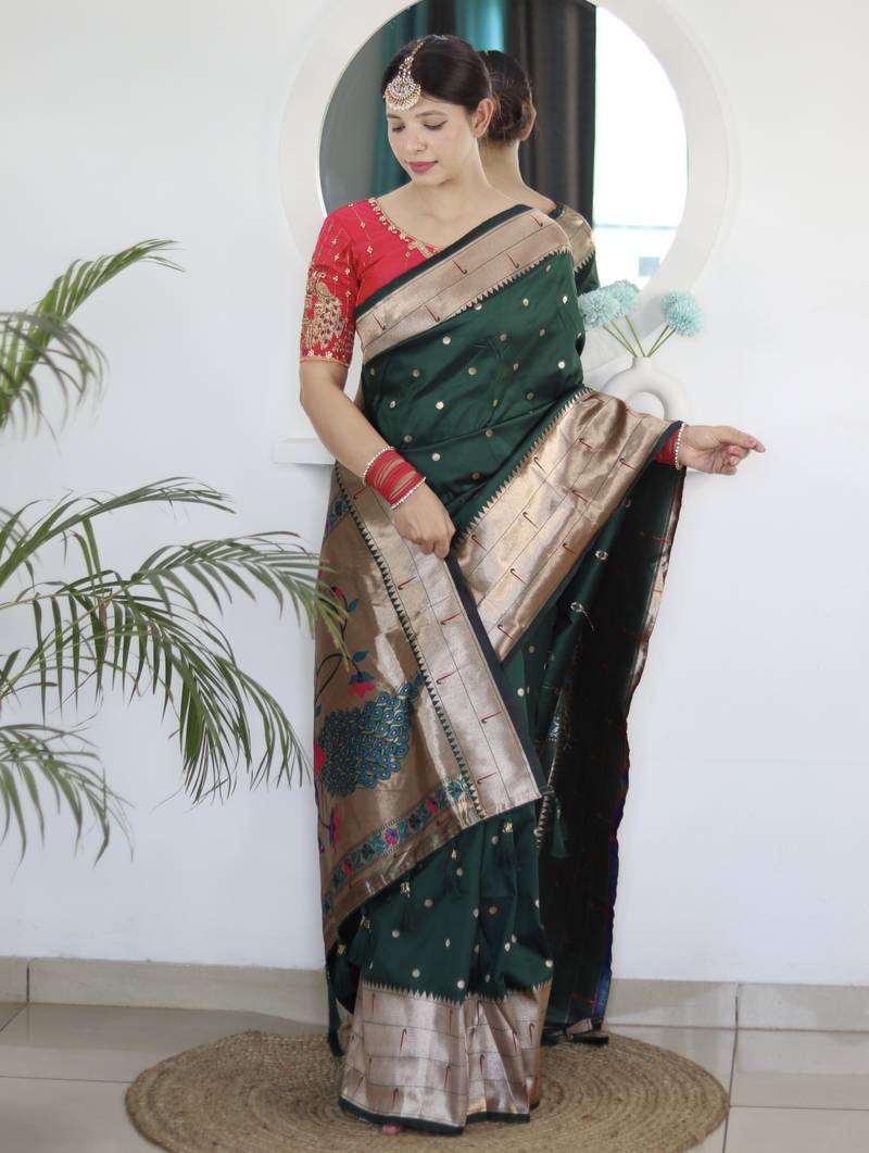 dark green art silk woven saree with blouse