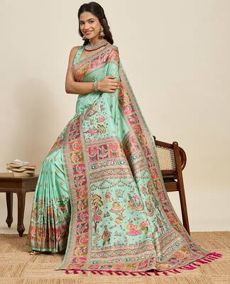 parrot green art silk woven saree with blouse 4