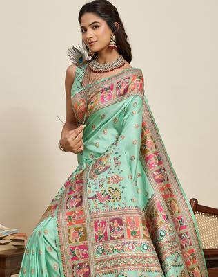 parrot green art silk woven saree with blouse 5