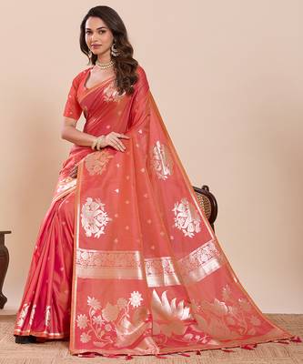 orange art silk woven saree with blouse 4
