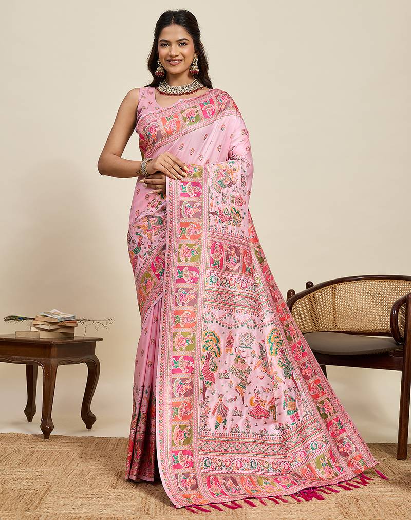 peach art silk woven saree with blouse