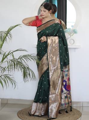dark green art silk woven saree with blouse 2