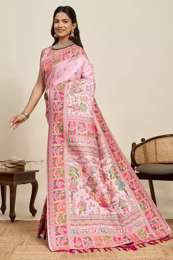 peach art silk woven saree with blouse