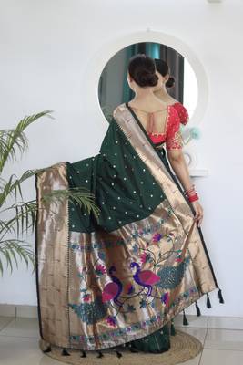 dark green art silk woven saree with blouse 3