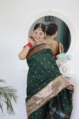 dark green art silk woven saree with blouse 5