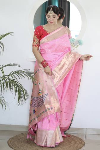 baby pink art silk woven saree with blouse