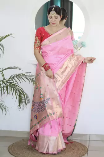 baby pink art silk woven saree with blouse