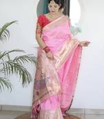 baby pink art silk woven saree with blouse