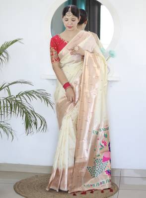 cream art silk woven saree with blouse 1