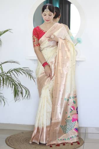 cream art silk woven saree with blouse