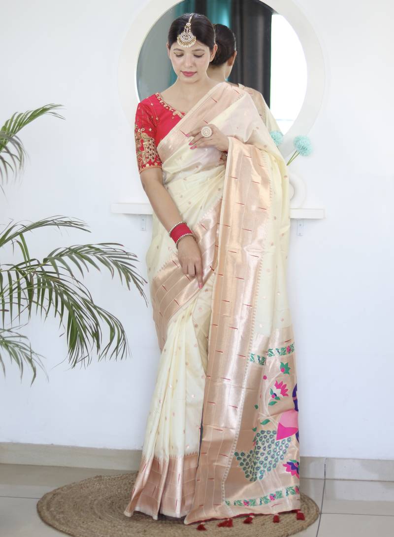 cream art silk woven saree with blouse
