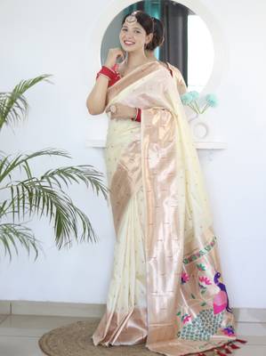 cream art silk woven saree with blouse 2