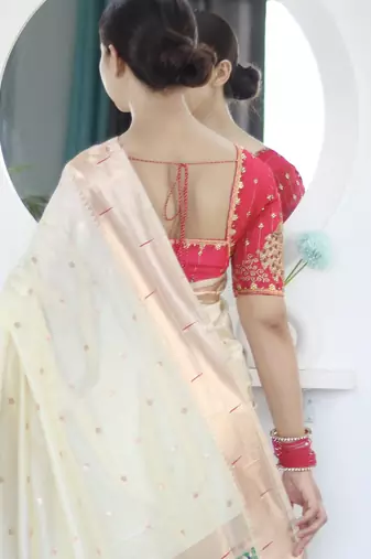 cream art silk woven saree with blouse