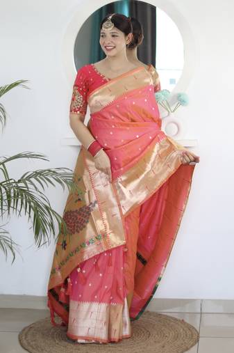 dark orange art silk woven saree with blouse