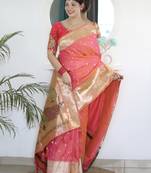 dark orange art silk woven saree with blouse