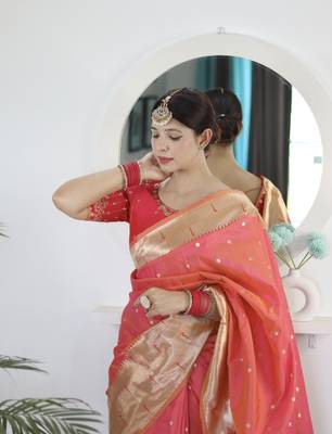 dark orange art silk woven saree with blouse 4