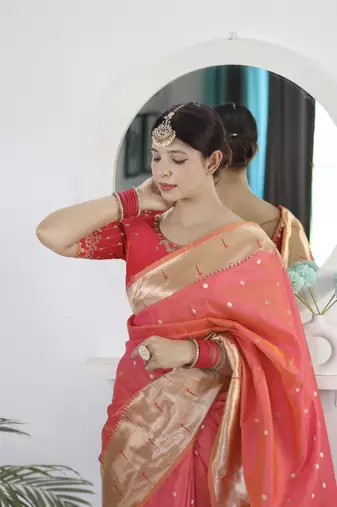 dark orange art silk woven saree with blouse