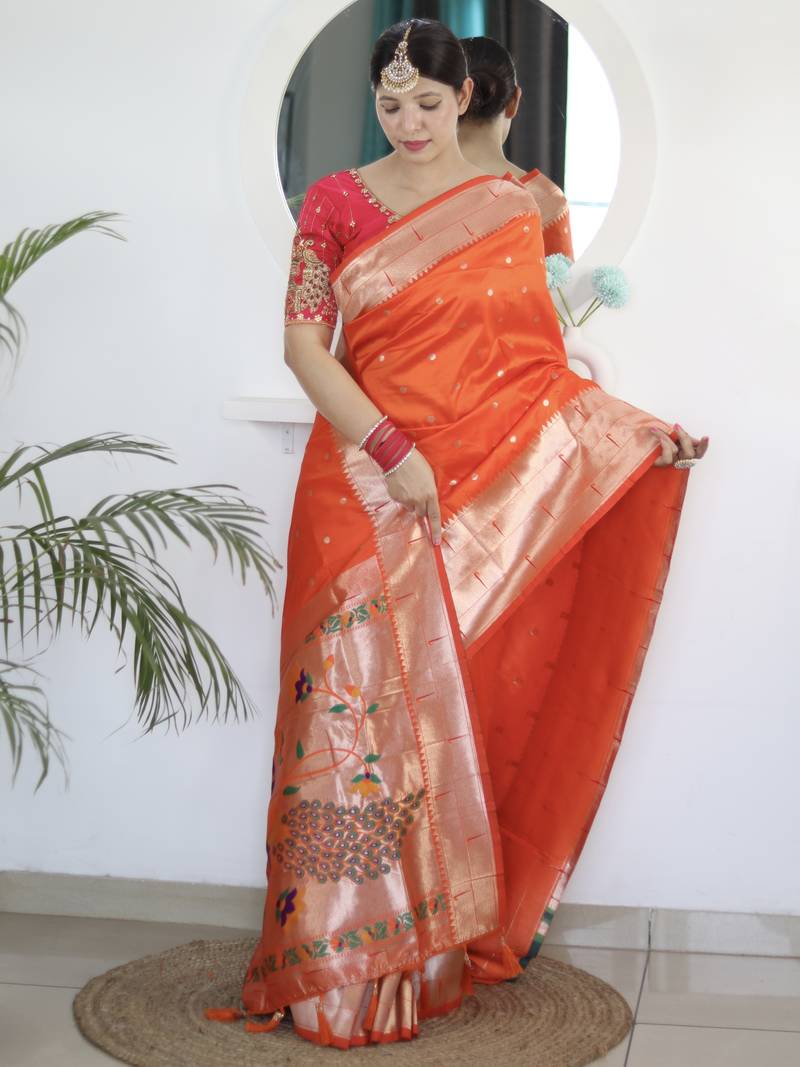 orange art silk woven saree with blouse