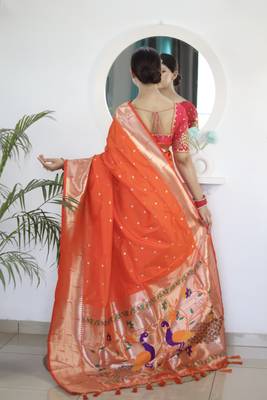 orange art silk woven saree with blouse 3