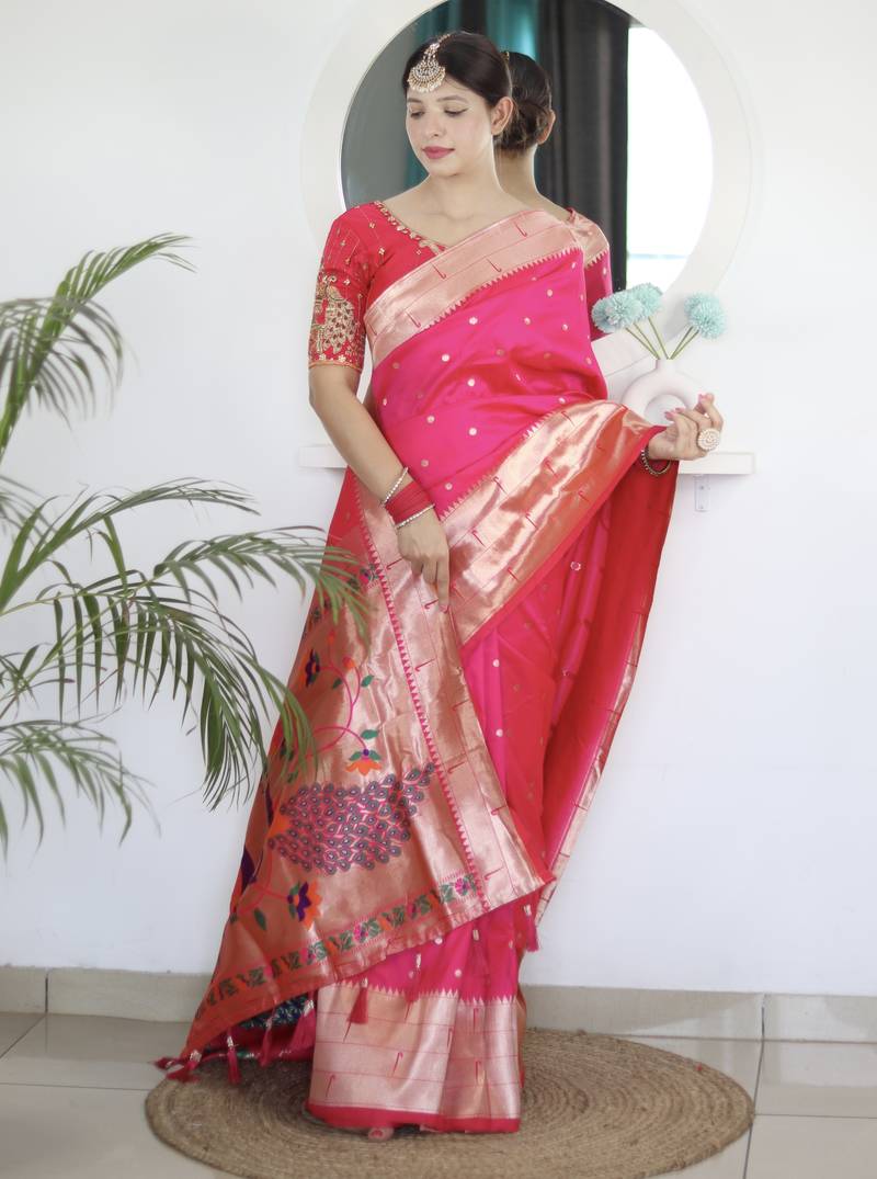 pink art silk woven saree with blouse