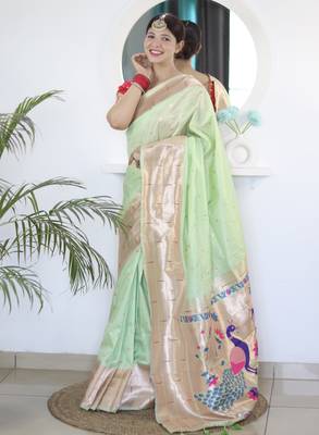 parrot green art silk woven saree with blouse 1