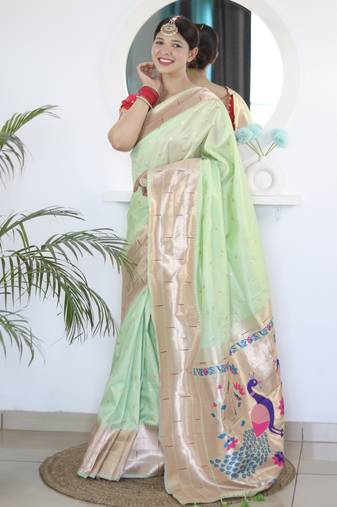 parrot green art silk woven saree with blouse