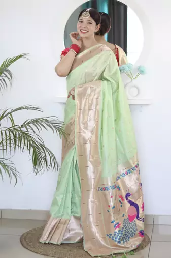 parrot green art silk woven saree with blouse