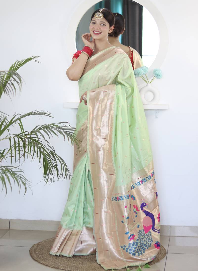 parrot green art silk woven saree with blouse