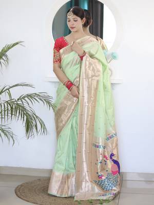 parrot green art silk woven saree with blouse 2