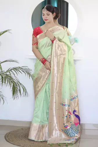 parrot green art silk woven saree with blouse