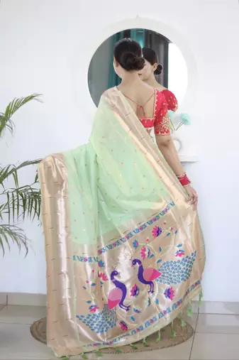 parrot green art silk woven saree with blouse