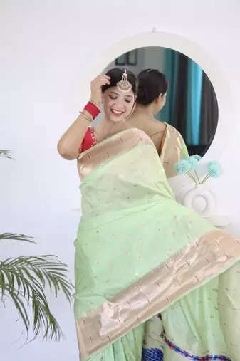 parrot green art silk woven saree with blouse